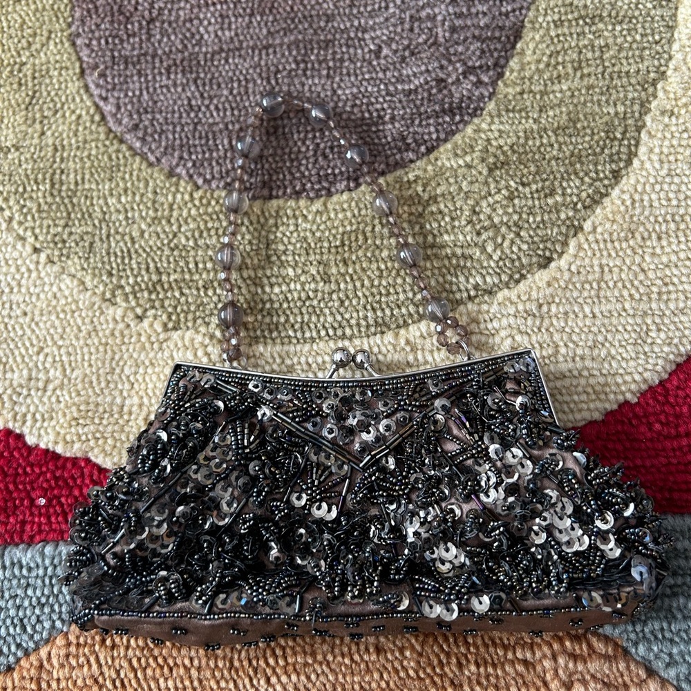 Brown Beaded Sequin Tiny Mini Evening Purse Bag Wedding Black Tie Formal Vintage